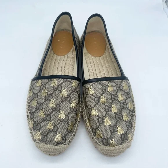 Gucci Beige Natural GG coated canvas black leather trim bee espadrille 38.5 - Picture 2 of 8